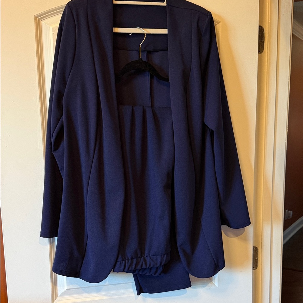 Open-Front Women's Blazer Jacket and pants in Navy with elastic waist pants